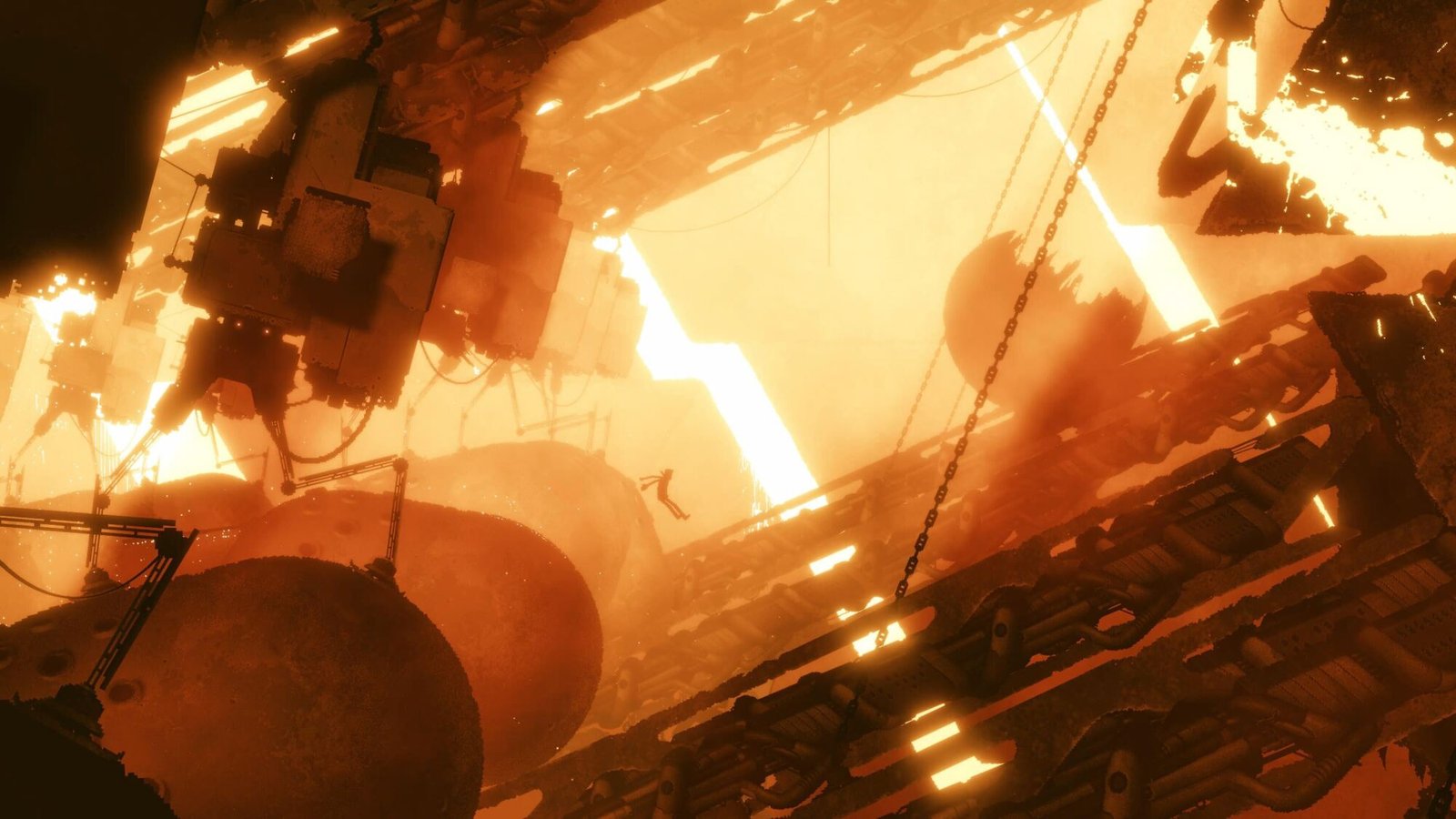 Character floats midair in a chaotic mechanical environment glowing with orange light.
