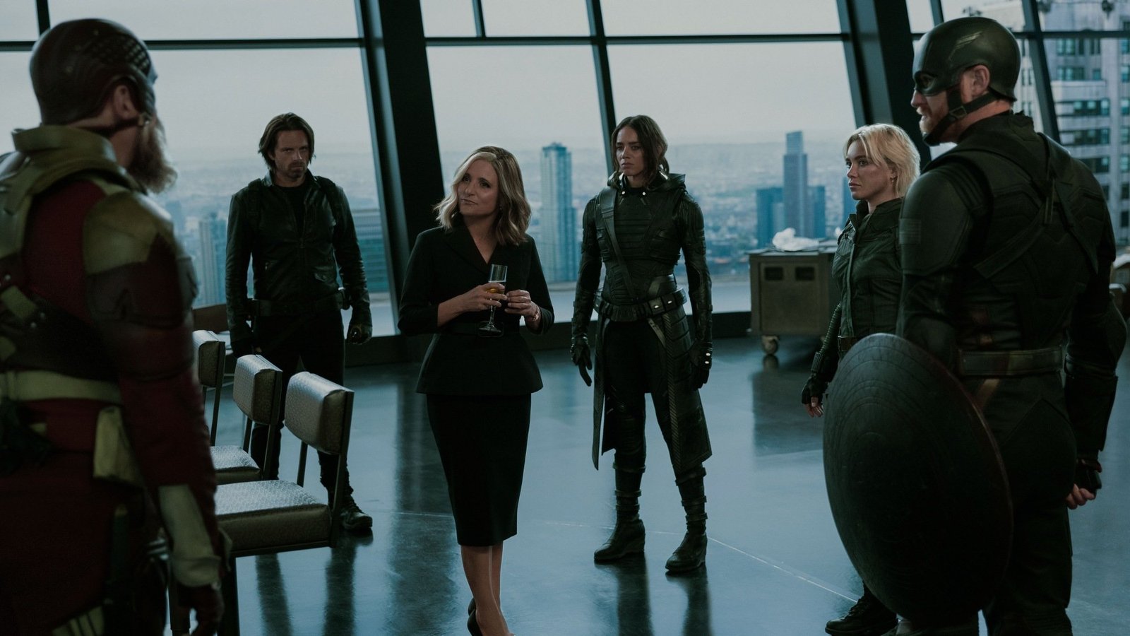 Alexei Shostakov / Red Guardian (David Harbour), Bucky Barnes (Sebastian Stan), Valentina Allegra de Fontaine (Julia Louis-Dreyfus), Ghost (Hannah John-Kamen), Yelena Belova (Florence Pugh), and John Walker (Wyatt Russell) in Marvel Studios