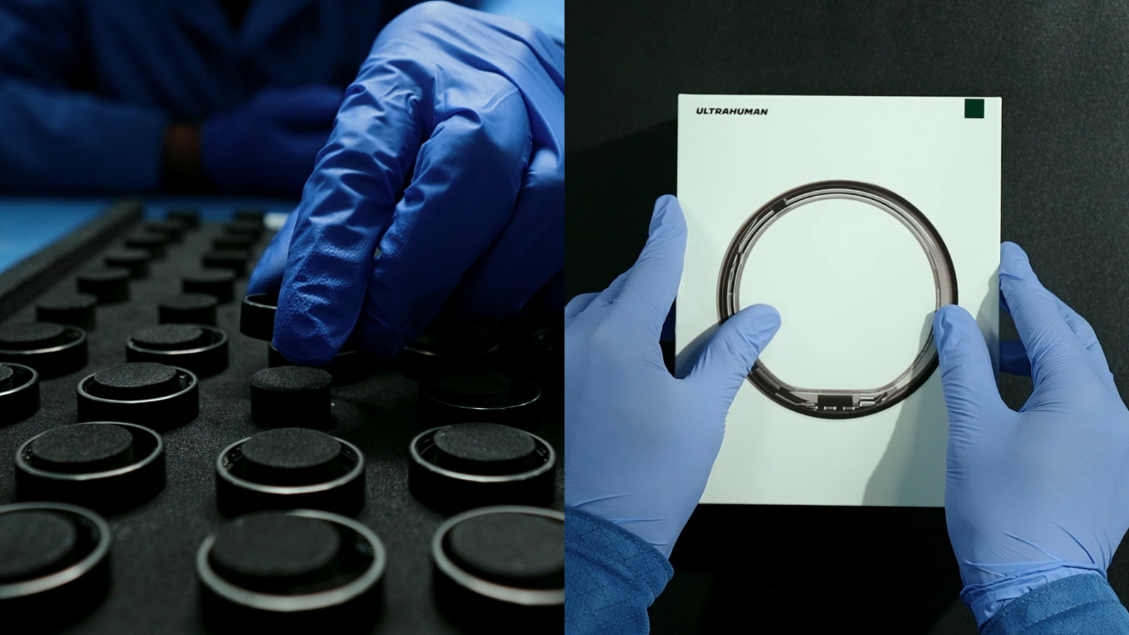 On the left, someone handling an Ultrahuman ring with gloves. On the right, someone handling an Ultrahuman box with gloves.