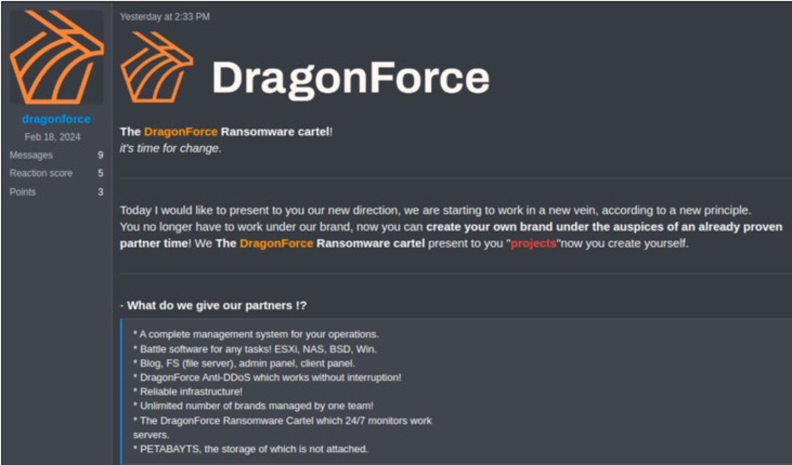 DragonForce screenshot announcing their new "cartel" business model.