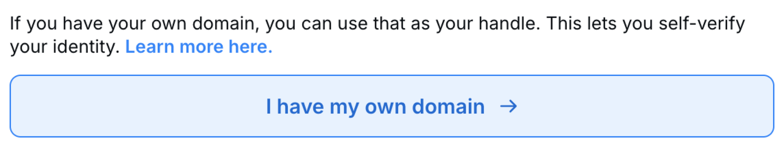 A screenshot of Bluesky that reads "I have my own domain."