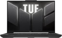 A black laptop appears on a white background. It displays the TUF logo.