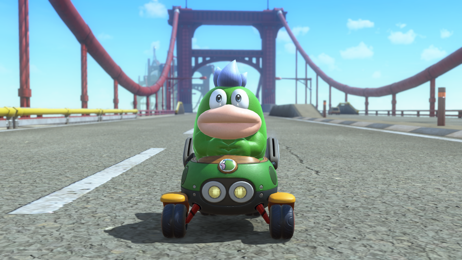 Spike driving a kart and looking shaken in Mario Kart World
