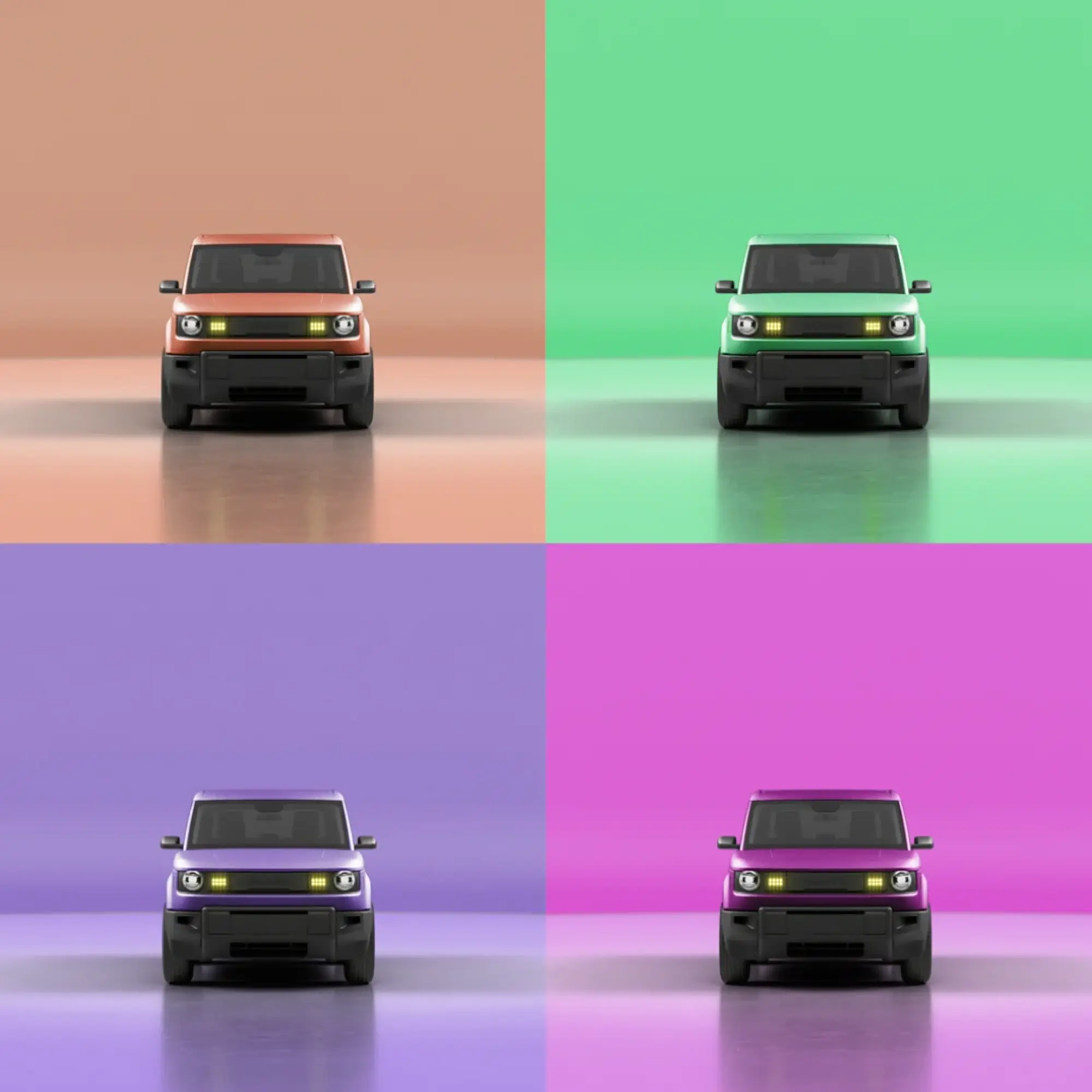 four images of the Slate electric truck with different colors of vehicle wraps