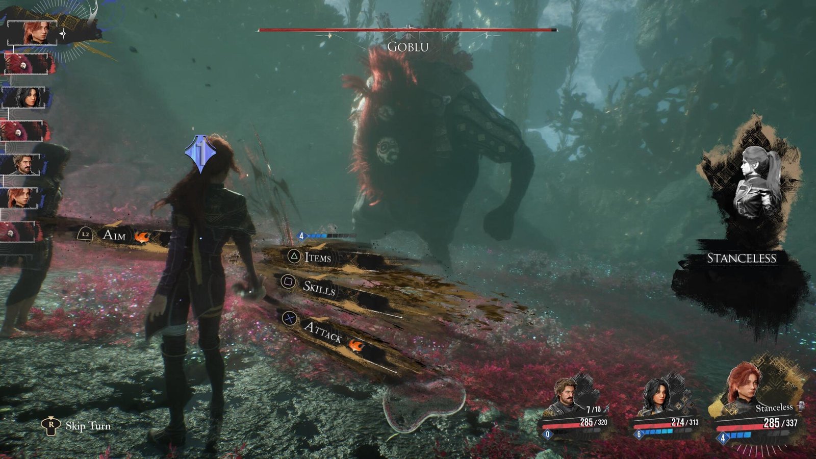 Turn-based battle against a large creature named Goblu.