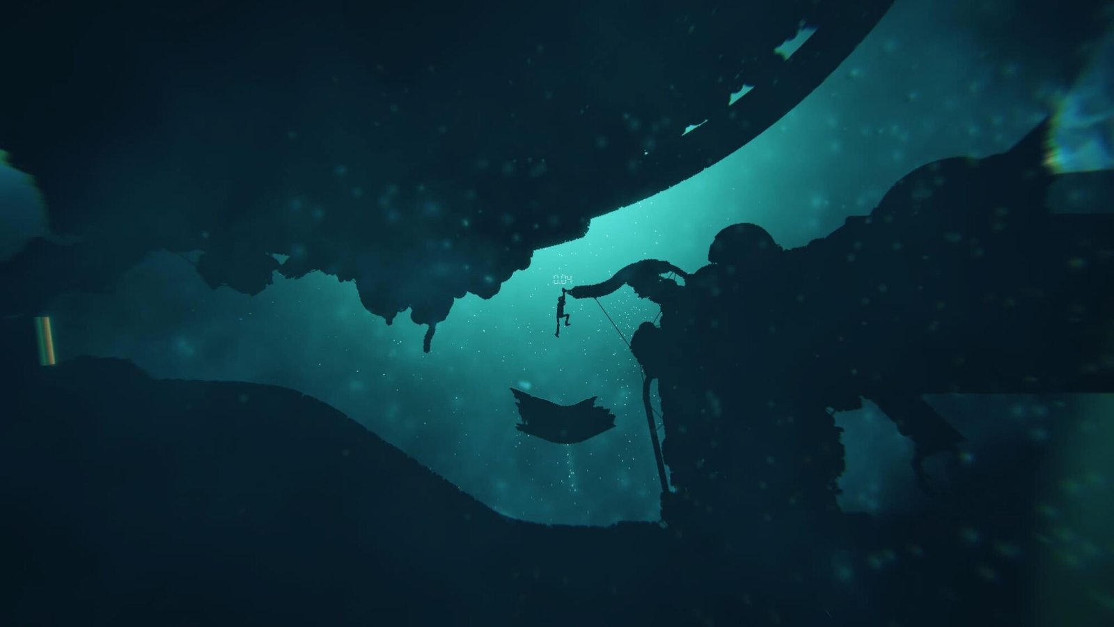 Underwater scene with a character being hoisted by a mechanical figure.