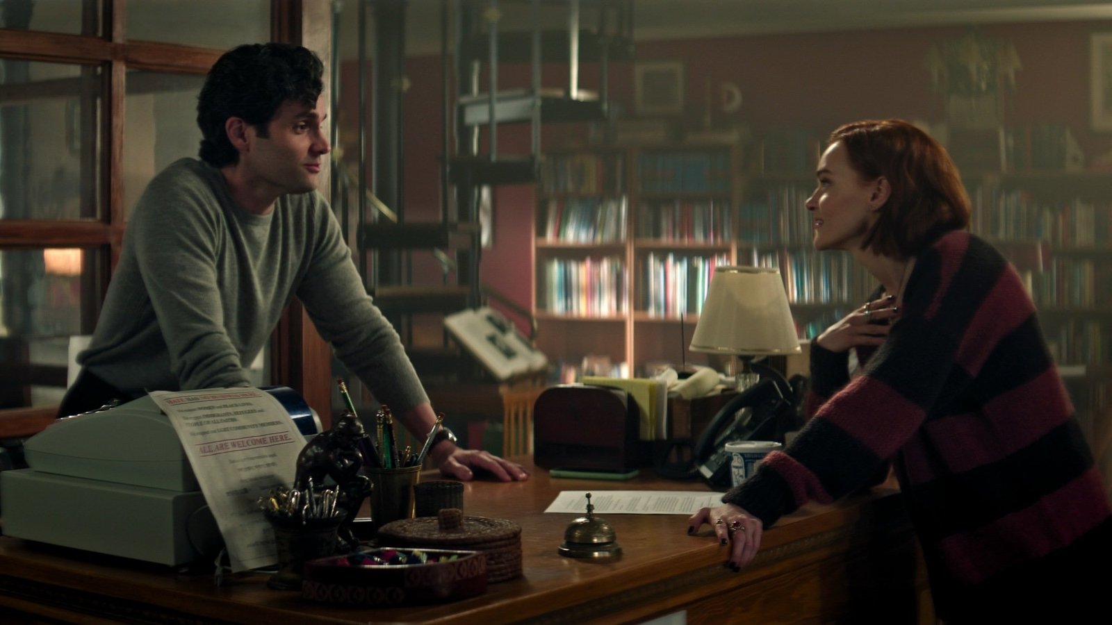Penn Badgley as Joe Goldberg and Madeline Brewer as Bronte in episode 504 of "You."