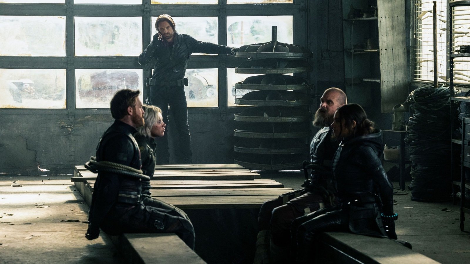 John Walker (Wyatt Russell), Yelena Belova (Florence Pugh), Bucky Barnes (Sebastian Stan), Alexei Shostakov / Red Guardian (David Harbour), and Ghost (Hannah John-Kamen) in Marvel Studios