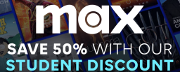 max student discount logo against a background featuring shows and films on max