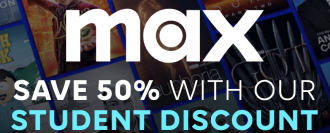 max student discount logo against a background featuring shows and films on max