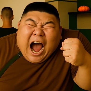 ai-generated image of an angry man with first in the air