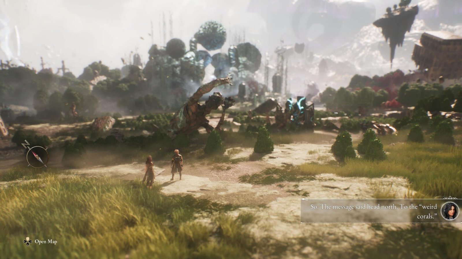 Party exploring a grassy field with strange coral-like structures ahead.
