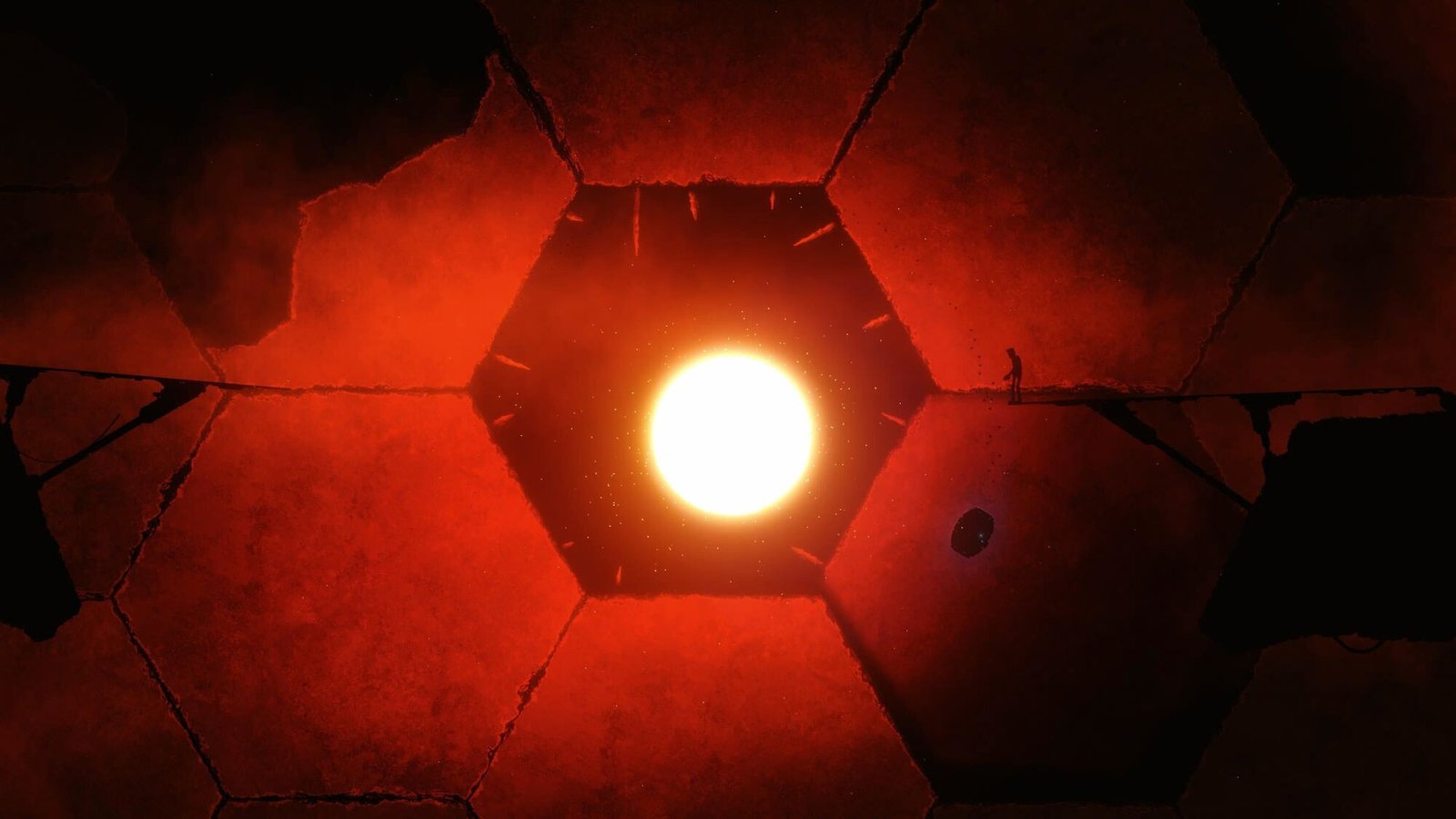 Red-lit hexagonal chamber with a glowing central orb and silhouetted figure observing it.