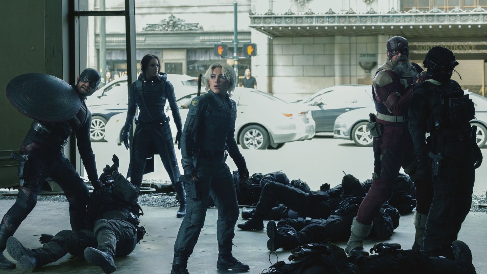 John Walker (Wyatt Russell), Ghost (Hannah John-Kamen), Yelena Belova (Florence Pugh), and Alexei Shostakov/Red Guardian (David Harbour) in Marvel Studios