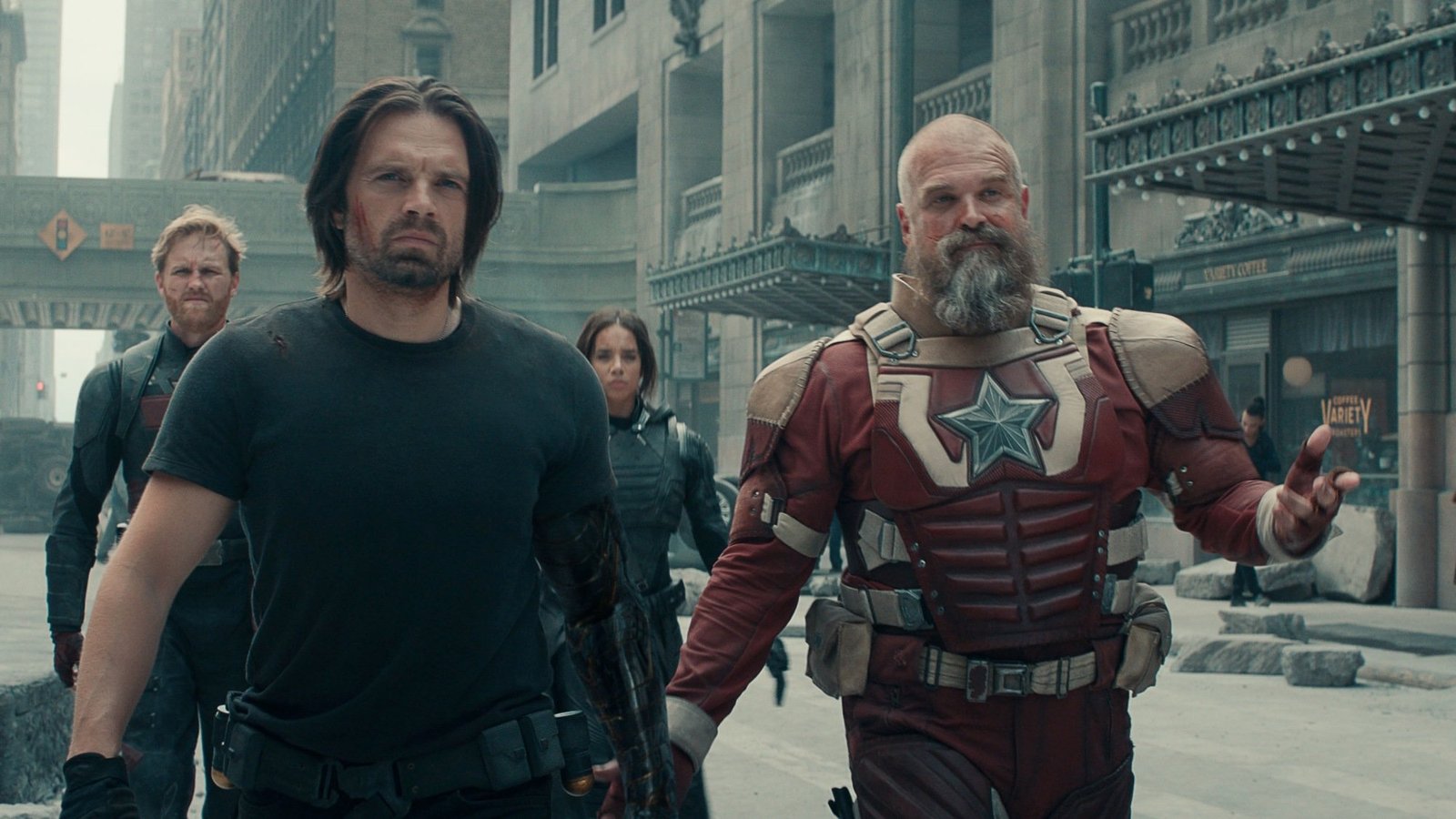 John Walker (Wyatt Russell), Bucky Barnes (Sebastian Stan), Ghost (Hannah John-Kamen), and Alexei Shostakov/Red Guardian (David Harbour) in Marvel Studios