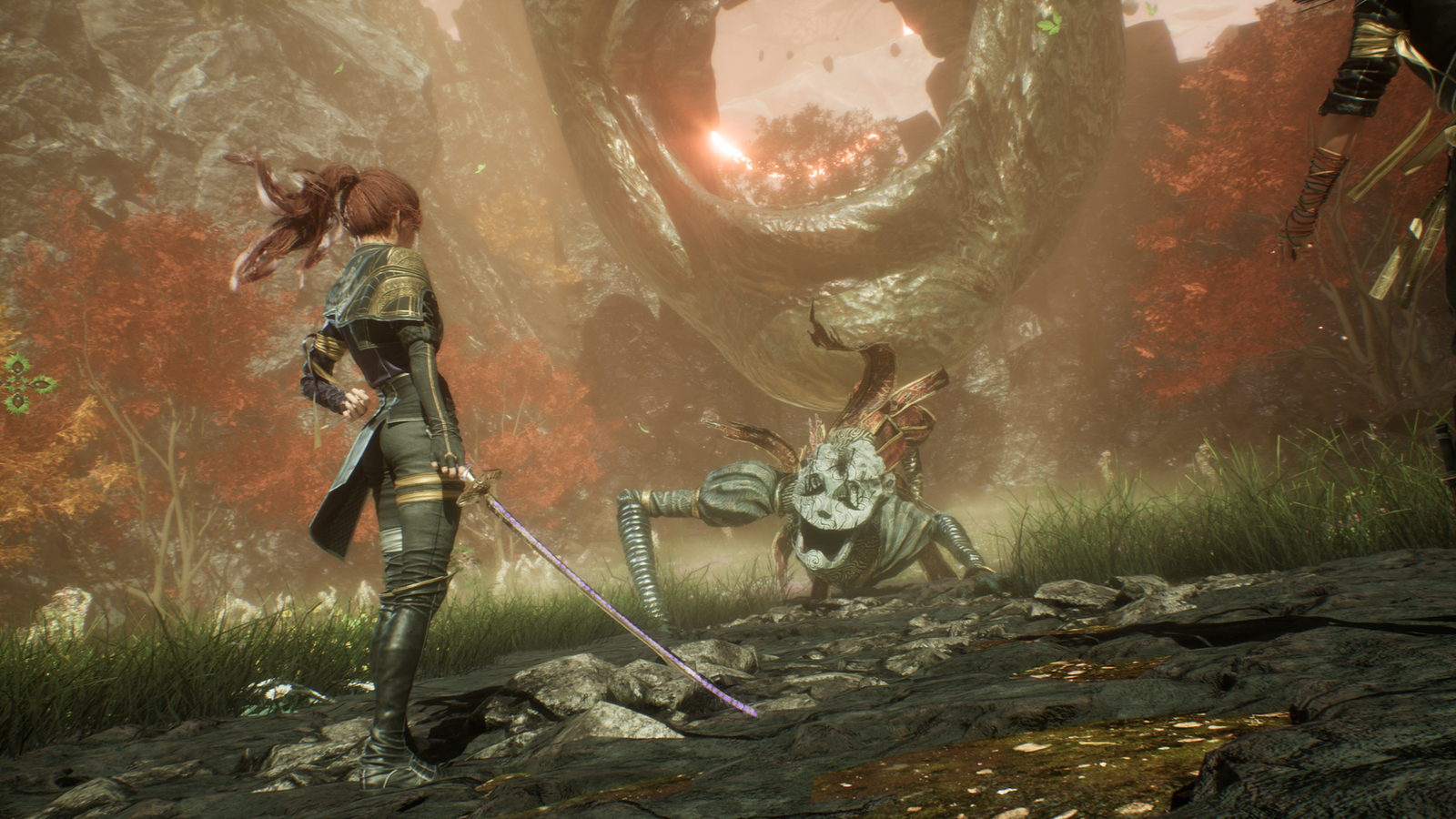 Female warrior confronts a bizarre, puppet-like creature in a glowing forest.