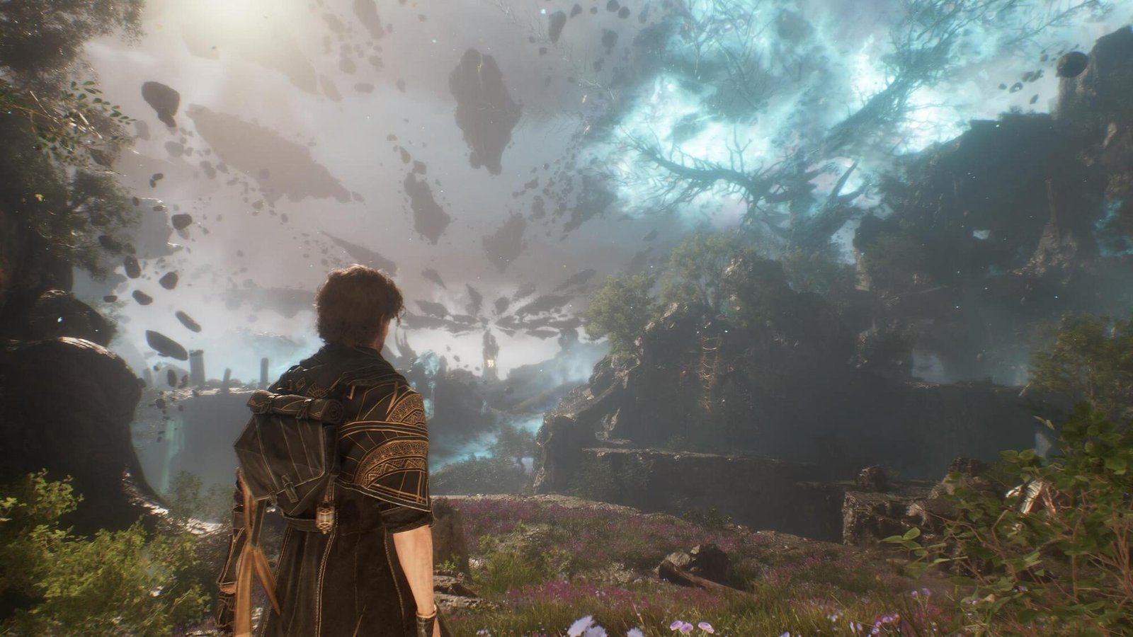 Gustave overlooking a surreal, floating landscape with glowing sky.